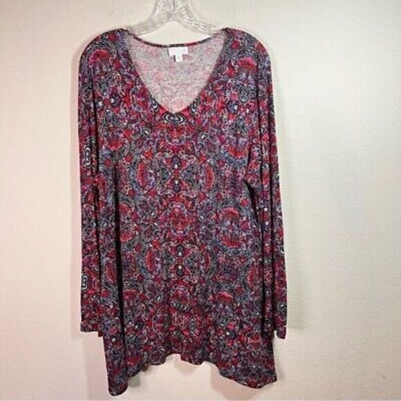J Jill v neck abstract print log sleeve tunic length shirt size large - Picture 1 of 5